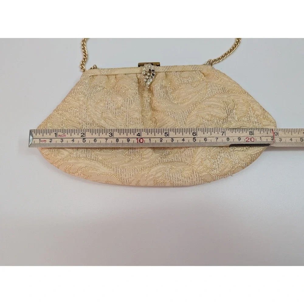 Vtg CFR Made in England Gold Brocade Evening Bag Rhinestone Clasp Chain Purse